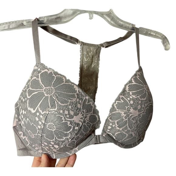 Victoria’s Secret Racerback Push Up Underwire Bra 34 DD Gray Pink Lace - Picture 2 of 6